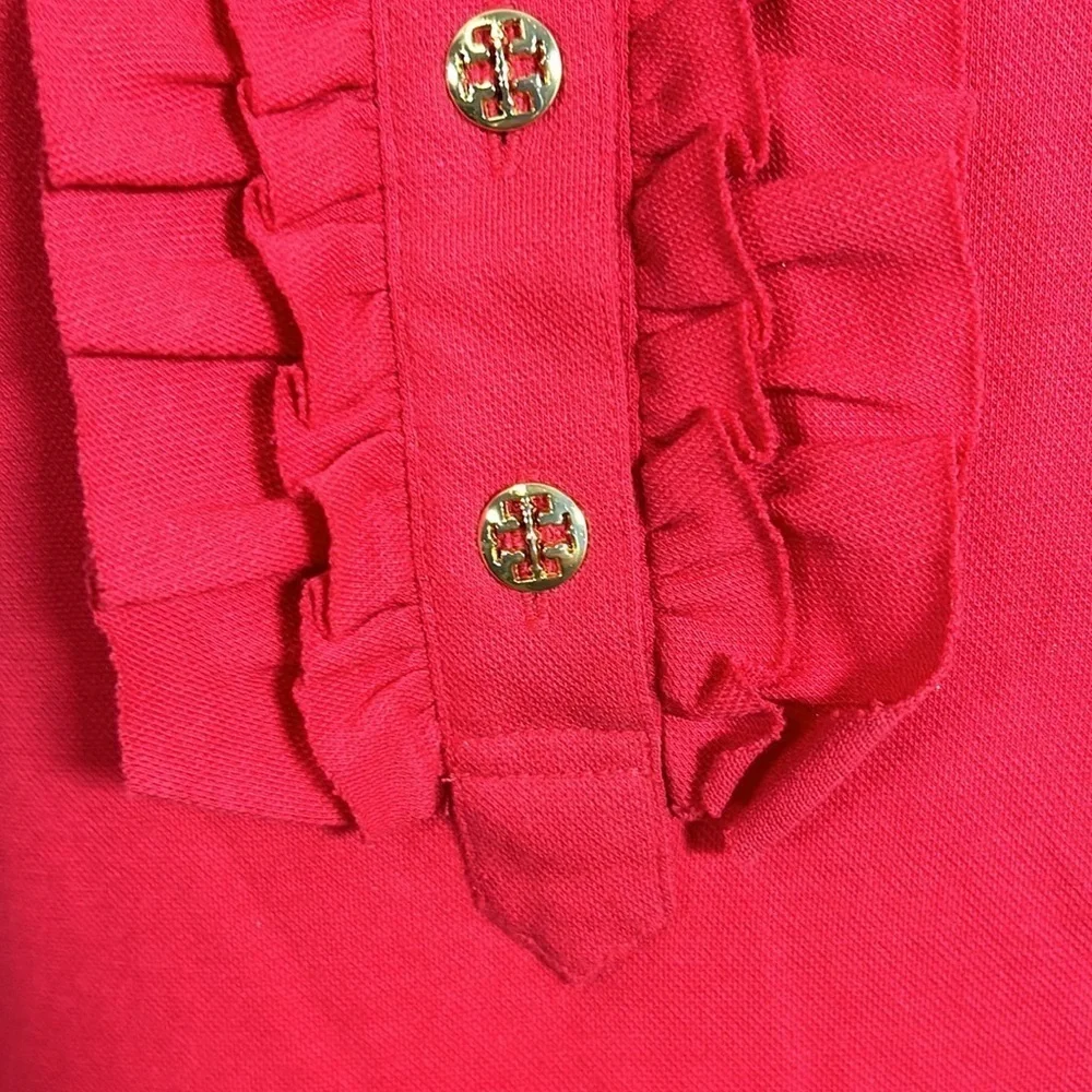 Tory Burch Lidia Ruffled Polo Shirt Red With Gold Logo Buttons Top Sz M
